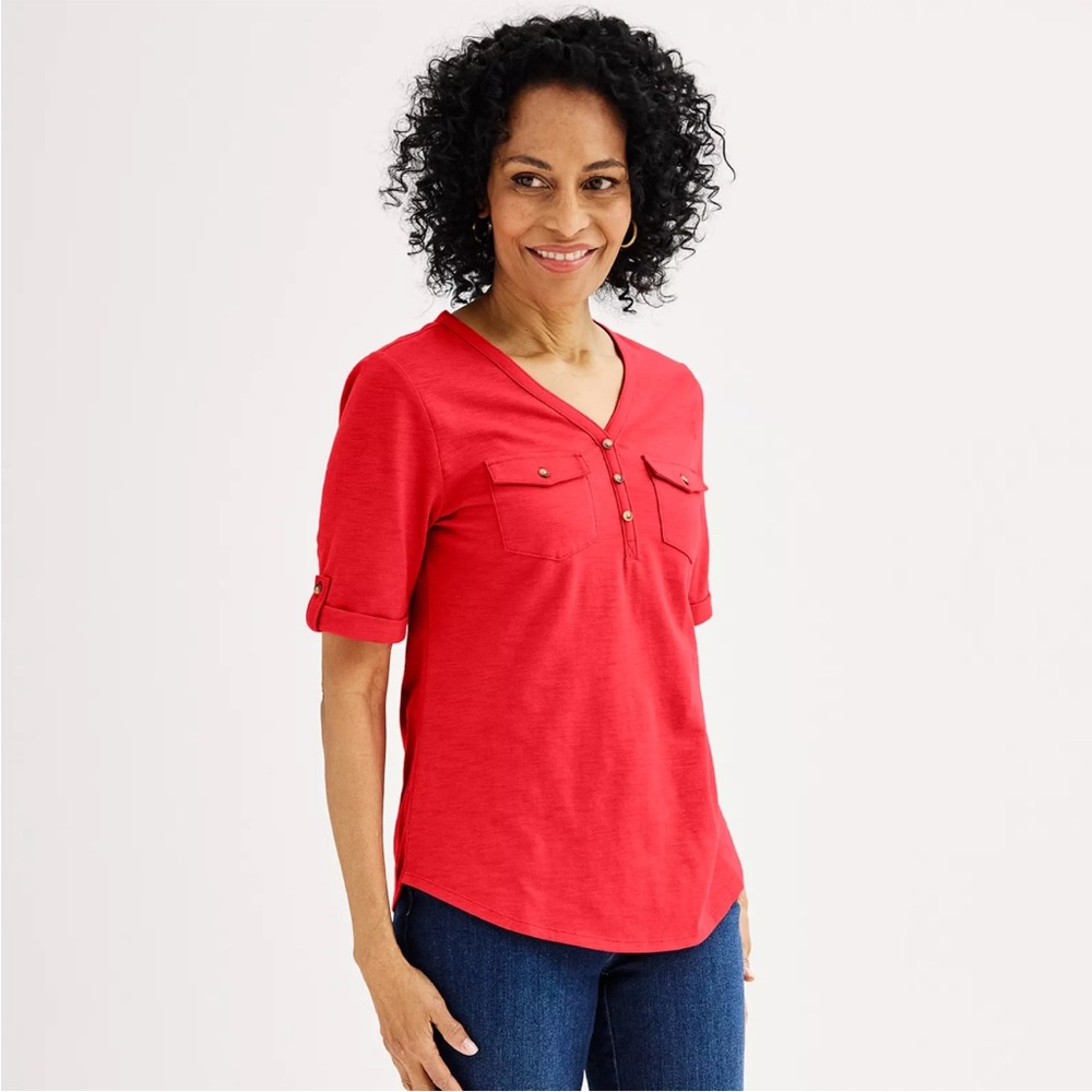 NWT Women's Croft & Barrow Red Small Elbow Sleeve Utility Henley Top